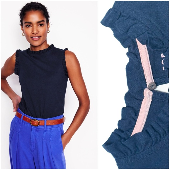 Boden Tops - Boden Supersoft Frill Detail Vest Navy Keyhole Button Sleeveless Shell Tank Top